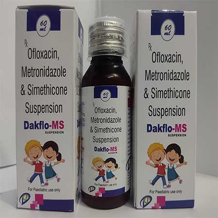 Product Name: Dakflo MS, Compositions of Dakflo MS are Ofloxacin,Metronidazole, & Simethicone Suspension - Dakgaur Healthcare