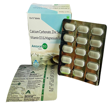 Product Name: Amzycal D3, Compositions of Amzycal D3 are Calcium Carbonate, Zinc Sulphate Vitamin D3 & Magnesium Tablets - Amzy Life Care