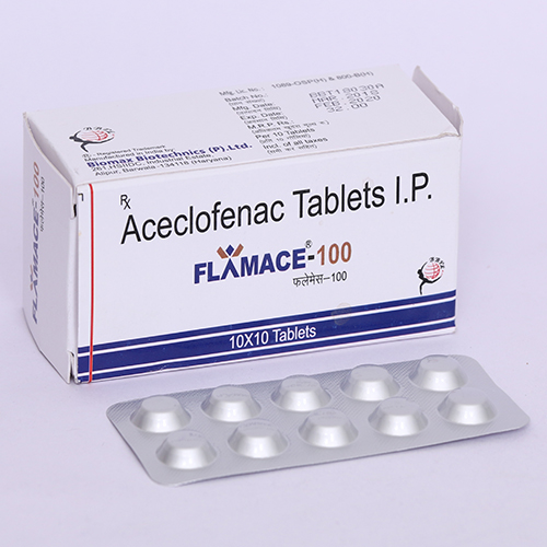 Product Name: FLAMACE 100, Compositions of FLAMACE 100 are Aceclofenac Tablets - Biomax Biotechnics Pvt. Ltd