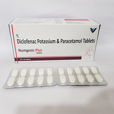 Product Name: Numgesic plus, Compositions of Numgesic plus are Diclofenac Potassium & Paracetamol Tablets - Vindcare Lifesciences