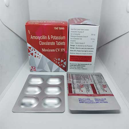Product Name: Moxizum CV 375, Compositions of Moxizum CV 375 are Amoxicillin & Potassium Clavulanate Tablets  - Zumax Biocare