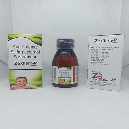 Product Name: Zexflam P, Compositions of Zexflam P are Aceclefenac &  Parecetamol Suspension - Zumax Biocare