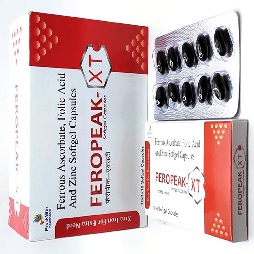 Product Name: Feropeak XT, Compositions of Feropeak XT are Ferrous Ascorbate,Folic Acid & Zinc Softgel Capsules - Peakwin Healthcare