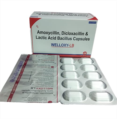 Product Name: WELLOXY LB Capsules, Compositions of WELLOXY LB Capsules are  Amoxycillin  - Dicloxacillin  - Lactic Acid Bacillus  - JV Healthcare