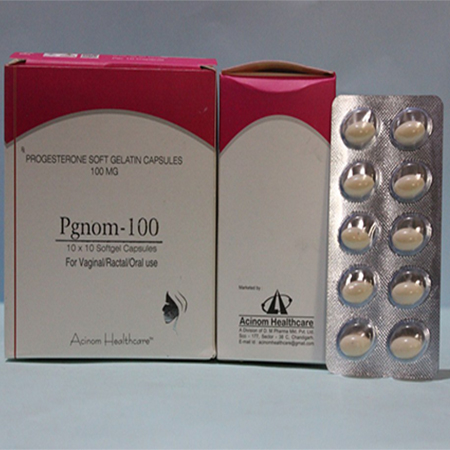 Product Name: Pgnom 100, Compositions of Pgnom 100 are Progesterone Soft Gelatin Capsules 100mg - Acinom Healthcare