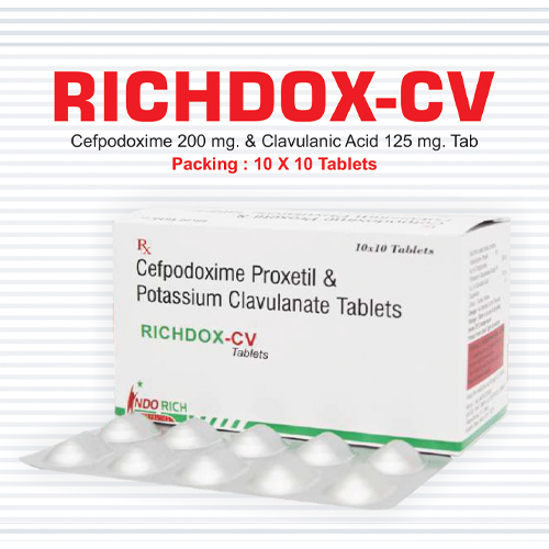 Product Name: Richdox CV, Compositions of Richdox CV are Cefpodoxime Proxtil and Potassium Clavulante Tablets - Pharma Drugs and Chemicals