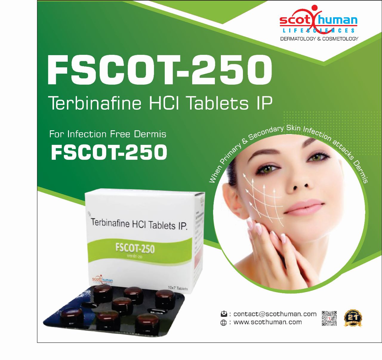 Product Name: Fscot 250, Compositions of Fscot 250 are Terbinafine HCL Tablets IP - Pharma Drugs and Chemicals