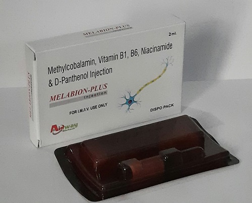 Product Name: Melabion Plus, Compositions of Melabion Plus are Methylcobalamin,Vitamin B1,Vitamin B6 Niacinamide & D-Panthenol Injection - Aidway Biotech