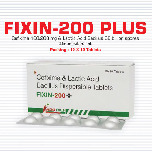 Product Name: Fixin 200 Plus, Compositions of Fixin 200 Plus are Cefixime & Lactic Acid Bacillus Dispersible Tablets - Pharma Drugs and Chemicals