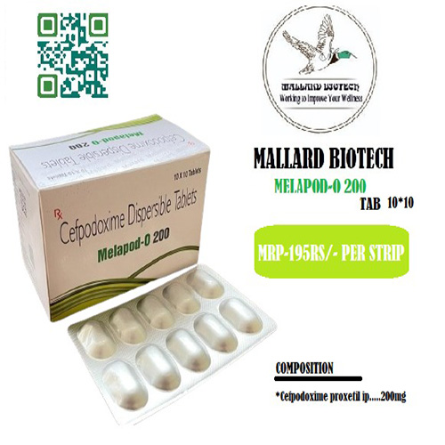Product Name: Melapod 0 200, Compositions of Melapod 0 200 are Cefpodoxime Dispersible Tablets - Mallard Biotech Private Limited