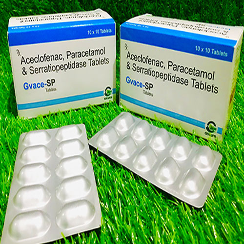 Product Name: Gvace SP, Compositions of Gvace SP are Aceclofenac 100 mg+Paracetamol & Serratiopeptidase - Gvans Biotech Pvt. Ltd