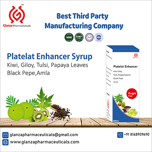 Product Name: Platelat Enhancer , Compositions of Platelat Enhancer  are Kiwi, Giloy, Tulsi, Papaya Leaves Black Pepe, Amla - Glanza Pharmaceuticals