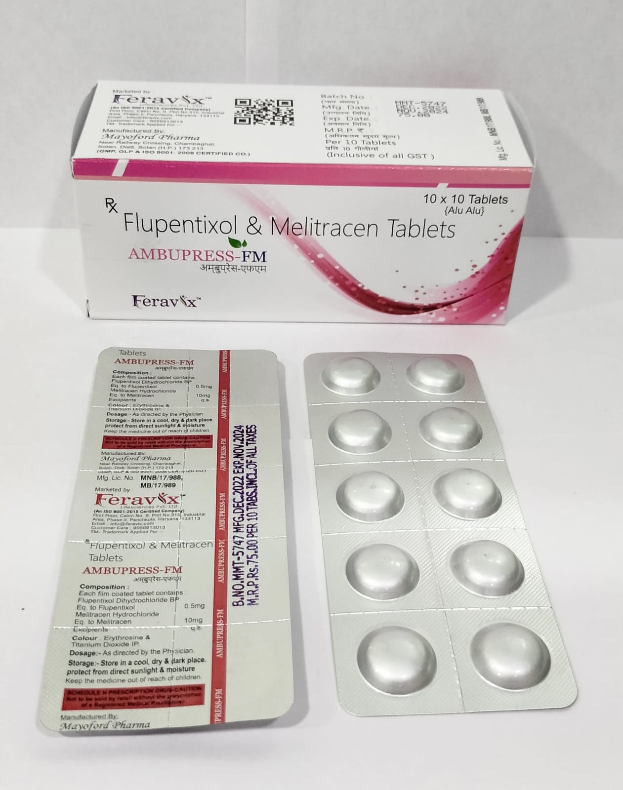 Product Name: AMBUPRESS FM Tablets, Compositions of AMBUPRESS FM Tablets are FLUPENTIXOL 0.5MG WITH MELITRACEN 10MG - Feravix Lifesciences