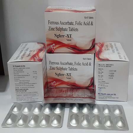 Product Name: Ngferr XT, Compositions of Ngferr XT are Ferrous Ascorbate & Folic Acid Zinc Sulphate Tablets - NG Healthcare Pvt Ltd