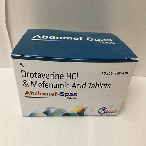 Product Name: Abdomef Spas, Compositions of Abdomef Spas are Drotaverine HCL And Mefenamic Acid Tablets - Bkyula Biotech
