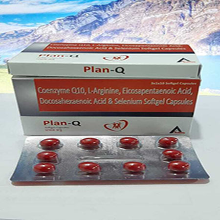 Product Name: PLAN Q, Compositions of PLAN Q are Coenzymes Q10, L-Arginine, Eicosapentaenoic Acid, Docosahexaenoic Acid & Selenium Softgel Capsules - Alencure Biotech Pvt Ltd