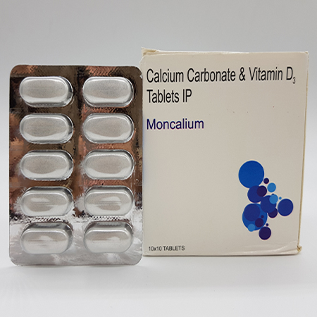 Product Name: Moncalium, Compositions of Moncalium are Calcium Carbonate and Vitamin D3 Tablets IP - Acinom Healthcare