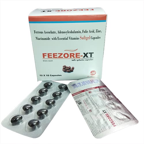 Product Name: Feezore Xt, Compositions of Feezore Xt are Ferrous Ascorbate,Adenosycobalamin,Folic Acid Zinc,Niacinamide with Essential Vitamin Softgel Capsules - JV Healthcare