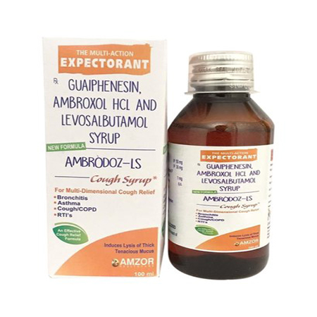 Product Name: Ambrodoz Ls, Compositions of Ambrodoz Ls are Guaiphenesin,Ambroxol Hcl and Levosalbutamol & Syrup - Amzor Healthcare Pvt. Ltd