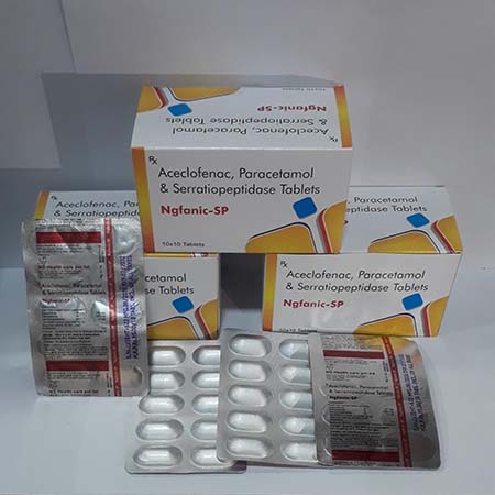 Product Name: Ngfanic SP, Compositions of Ngfanic SP are Aceclofenac,Paracetamol  & Serratiopeptidase Tablets - NG Healthcare Pvt Ltd