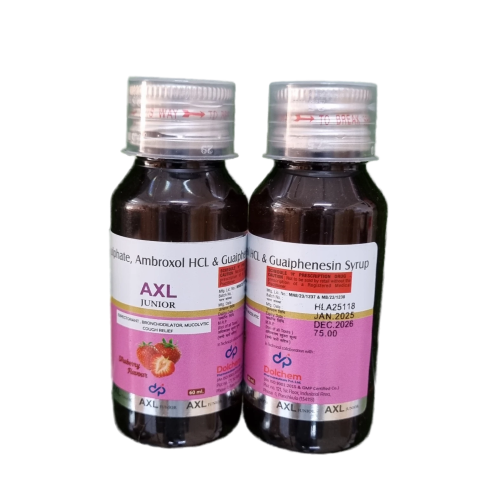 Product Name: AXL Junior, Compositions of AXL Junior are Ambroxol HCL & Guaiphenesin Syrup - Dolchem Pharmaceuticals Private Limited