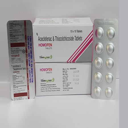 Product Name: Homofen, Compositions of Homofen are Aceclofenac & Thiocolchicoside Tablets - Abigail Healthcare