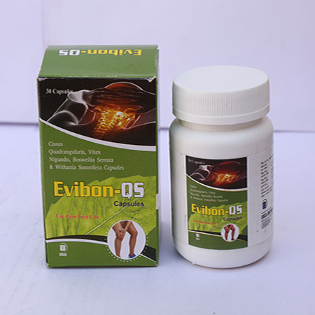 Product Name: Evibon QS, Compositions of Evibon QS are Cissus Quadrangularis, Vitex Nigundo, Boxwellia Serrata and Withania Somnifera Capsules - Eviza Biotech Pvt. Ltd