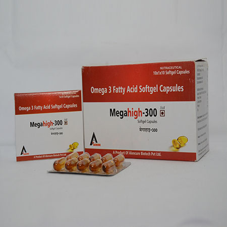 Product Name: MEGAHIGH 300, Compositions of MEGAHIGH 300 are Omega 3 Fatty Acid Softgel Capsules - Alencure Biotech Pvt Ltd