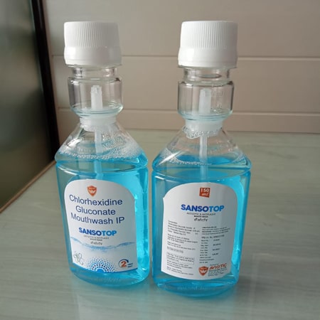 Product Name: Sansotop, Compositions of Sansotop are Chlorhexidine Gluconate Mouthwash IP - Aviotic Healthcare Pvt. Ltd
