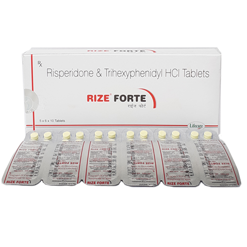 Product Name: Rize Forte, Compositions of Rize Forte are Risperidone & Trihexphenidyl Hcl Tablets - Lifecare Neuro Products Ltd.