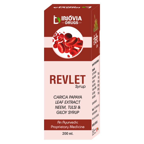 Product Name: Revlet, Compositions of Revlet are Carica Papaya Leaf  Extract Neem tulsi & Giloy Syrup - Innovia Drugs