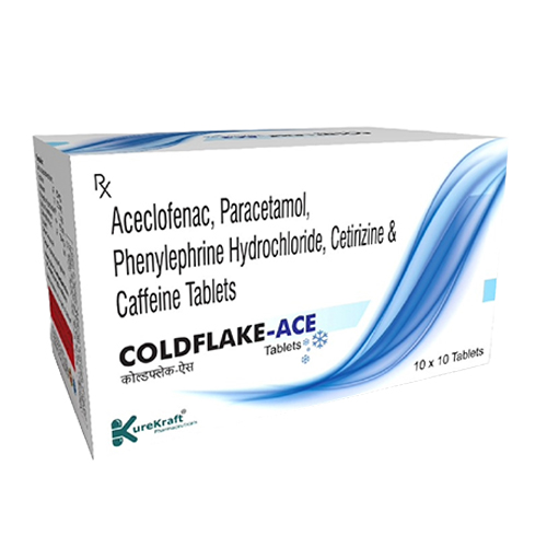 Product Name: ColdflakeAce, Compositions of ColdflakeAce are Aceclofenac, Paracetamol, Phenylephrine Hydrochloride, Cetirizine & Caffeine Tablets - KureKraft Pharmaceuticals