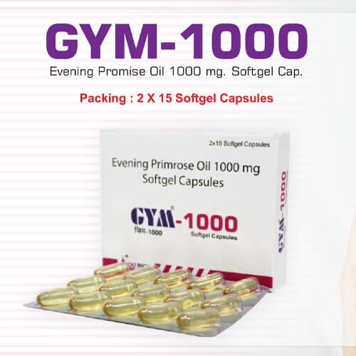 Product Name: GYM 1000, Compositions of GYM 1000 are Evening Primrose Oil 1000 mg. Softgel Capsules - Pharma Drugs and Chemicals