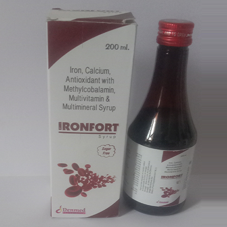 Product Name: Ironfort, Compositions of Ironfort are Iron, Calcium, Antioxidant with Methylcobalamin, Multivitamin & Multimineral Syrup - Denmed Pharmaceutical