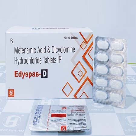 Product Name: Edyspas D, Compositions of Edyspas D are Mefenamic Acid & Dicyclomine Hydrochloride Tablets IP - Hower Pharma Private Limited