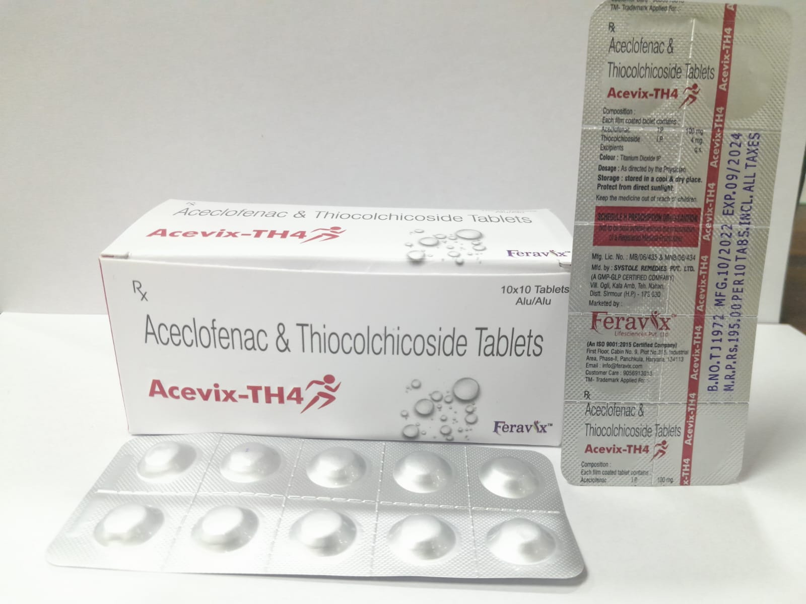 Product Name: ACEVIX TH4 Tablets, Compositions of ACEVIX TH4 Tablets are ACECLOFANAC 100MG, THIOCOLCHICOSIDE 4MG - Feravix Lifesciences
