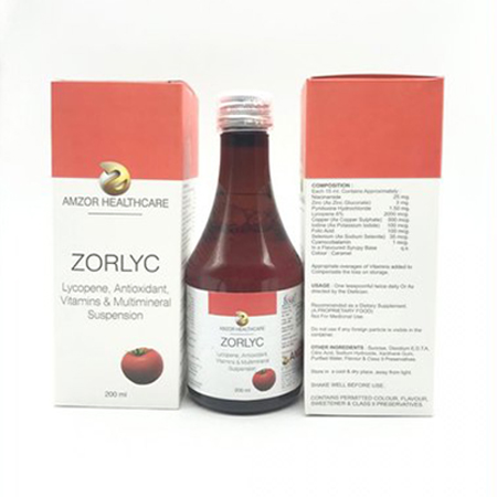 Product Name: ZORLYC, Compositions of ZORLYC are Lycopene Antioxidants Vitamins & Multiminerals Suspension - Amzor Healthcare Pvt. Ltd