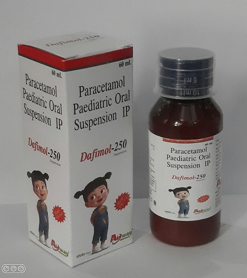 Product Name: Dafimol 250, Compositions of Dafimol 250 are Paracetamol,Paediatric Oral Suspension I.P. - Aidway Biotech