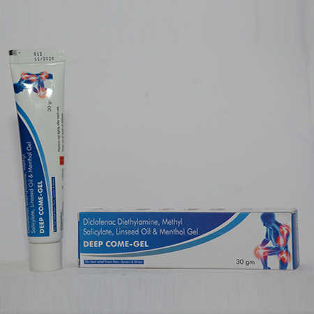 Product Name: DEEP COME GEL, Compositions of DEEP COME GEL are Diclofenac Diethylamine, Methyl Salicylate, Linseed Oil & Menthol Gel - Alencure Biotech Pvt Ltd