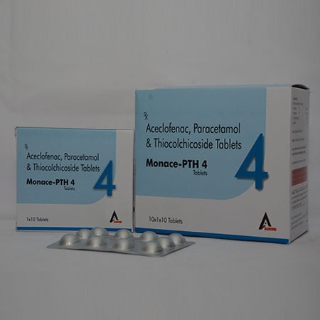 Product Name: MONACE PTH 4, Compositions of MONACE PTH 4 are Aceclofenac, Paracetamol & Thiocolchicoside Tablets - Alencure Biotech Pvt Ltd