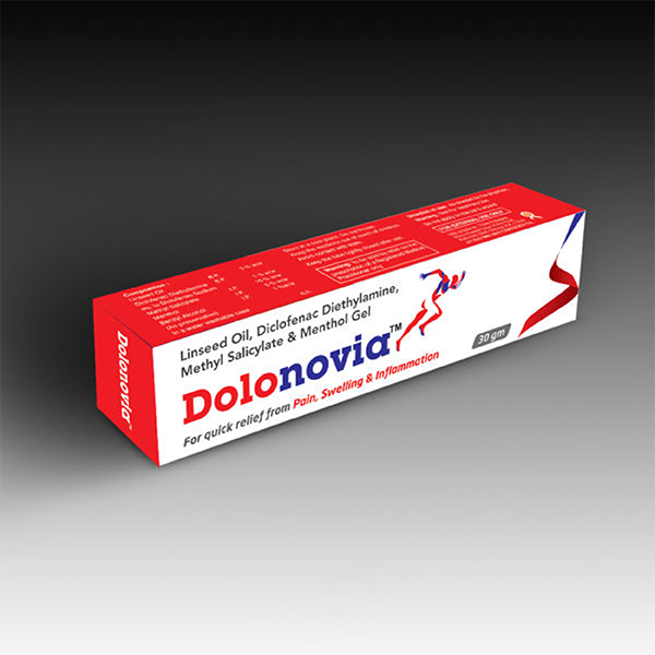 Product Name: Dolonovia, Compositions of Dolonovia are Linseed Oil, Diclofenac Diethylamine, Methyl Salicylate & Menthol Gel - Zynovia Lifecare