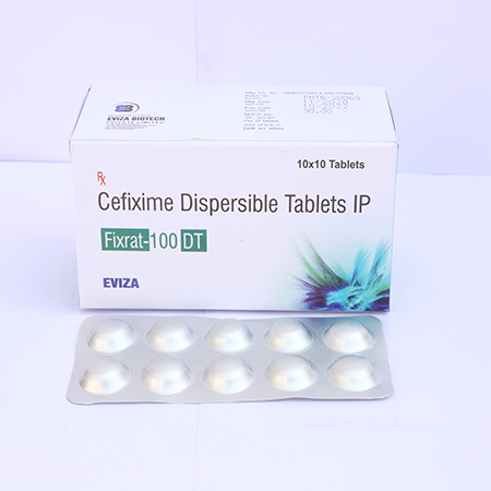 Product Name: Fixrat 100 DT, Compositions of Fixrat 100 DT are Cefixime Dispersable Tablets IP - Eviza Biotech Pvt. Ltd