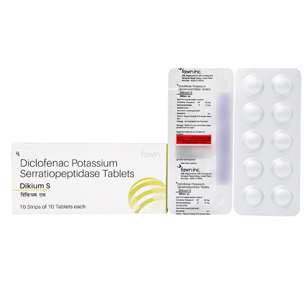 Product Name: DIKIUM S, Compositions of DIKIUM S are Diclofenac Potassium 50 mg. + Serratiopeptidase 10 mg - Fawn Incorporation