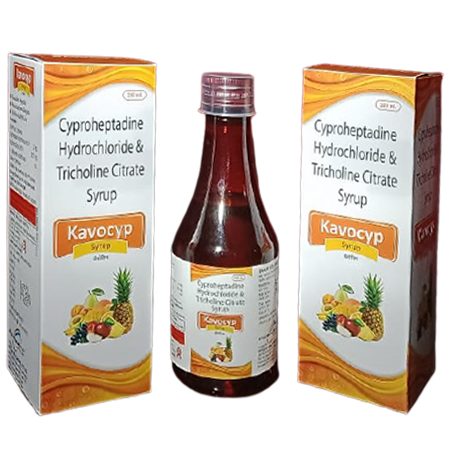 Product Name: Kavocyp, Compositions of Kavocyp are Cyproheptadine HCL Tricholine Citrate Syrup - Kevlar Healthcare Pvt Ltd