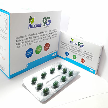 Product Name: Noxxon 9G, Compositions of are Softgel Capsule of Garlic Powder,Ginger Root Extract,Green Coffee Extract,Goosberry Extract,Green Tea Extract,Ginseng Extract,Ginkgo Biloba Extract,Grape Seed Extract,Glycyrrhiza Extract,Omega-3 fatty Acids,L-Carnitine L-Tart - Noxxon Pharmaceuticals Private Limited