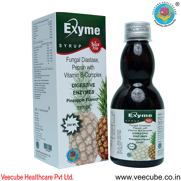 Product Name: EXYME 200ML, Compositions of EXYME 200ML are Fungal Diasate Pepsin with Vitamin B-Complex - Veecube Healthcare Private Limited