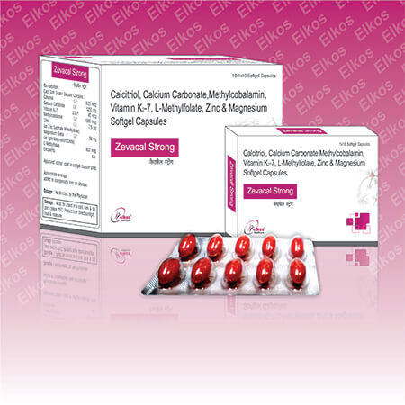 Product Name: Zevacal Strong, Compositions of Zevacal Strong are Omega-3 Fatty Acid, Calcitroil Boron Calcium Carbonate MethylcobalaminSoftgel Capsules - Elkos Healthcare Pvt. Ltd