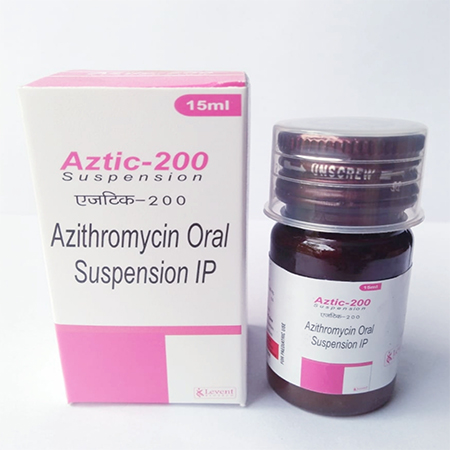 Product Name: Aztic 200, Compositions of Aztic 200 are Azithromycin Oral Suspension IP - Levent Biotech Pvt. Ltd