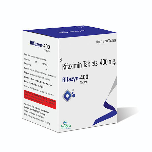 Product Name: Rifazyn 400, Compositions of Rifazyn 400 are Rifaximin Tablets 400 mg - Zynovia Lifecare