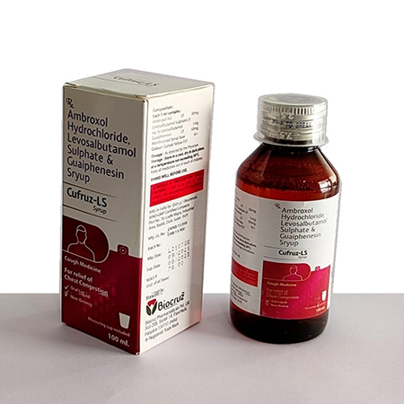Product Name: CUFRUZ LS, Compositions of CUFRUZ LS are Ambroxol Hydrochloride, Levosalbutamol Sulphate & Guaiphensin Syrup - Biocruz Pharmaceuticals Private Limited